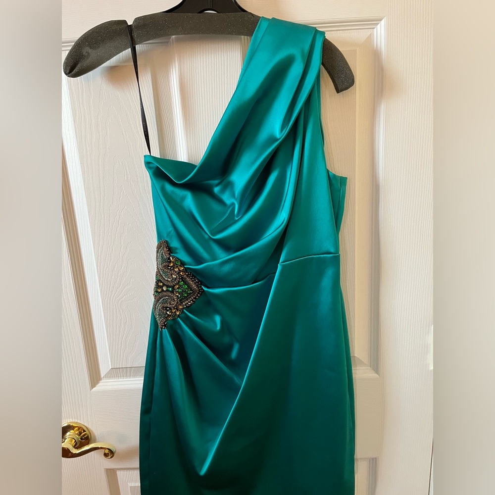 David Meister Teal One-Shoulder Dress with Embellishment